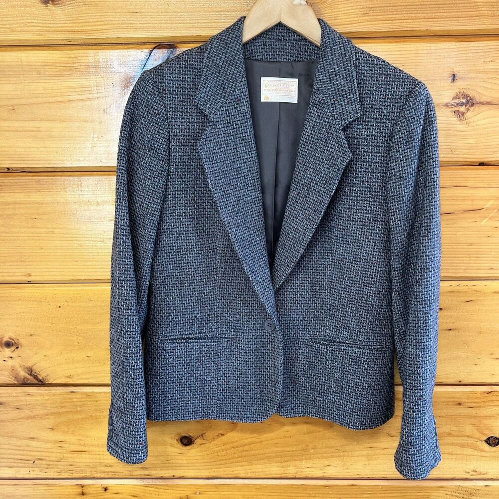 VTG PENDLETON Made in USA Virgin Wool Tweed Notch Blazer Work Jacket Gray Sz 8